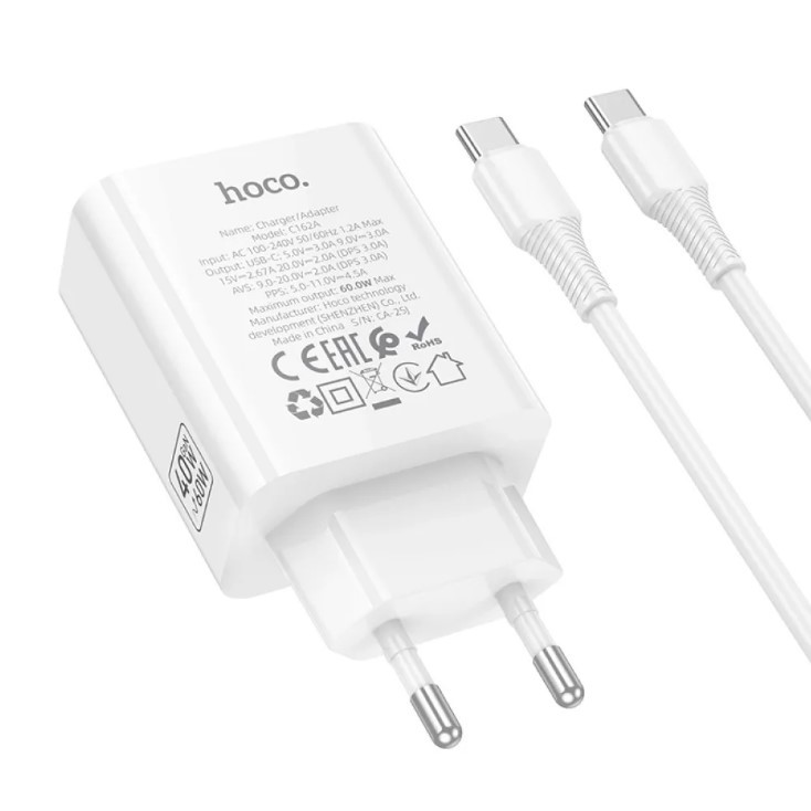 МЗП HOCO C162A Source single port PD40W charger set (C to C) White-1