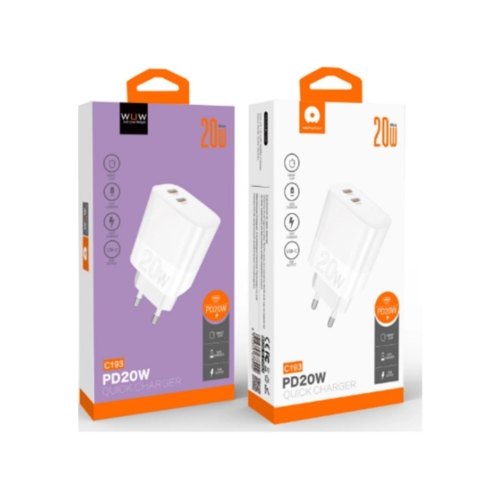 Мережевий зарядний пристрій WUW-C193 PD20W Charger USB C + USB C white-0