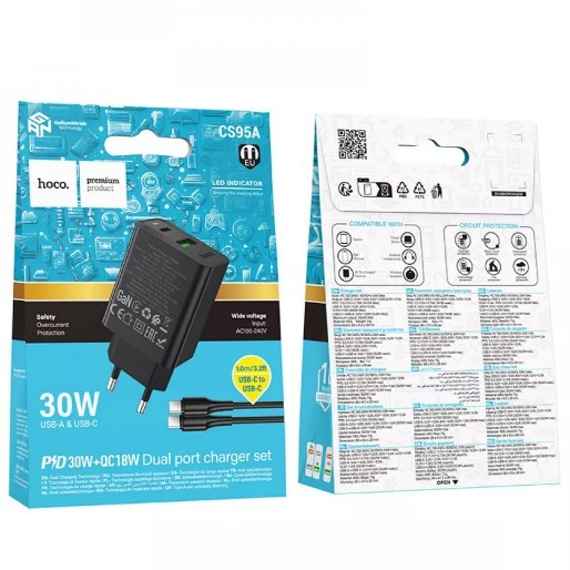 Зарядний блок Hoco CS95A 30W Type-C + USB-A (Black)-0