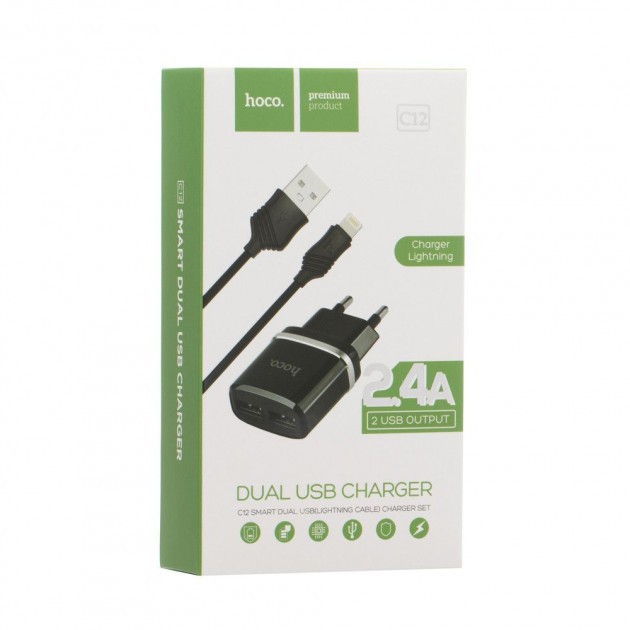 СЗУ HOCO C12+кабель Lightning USB черный-0