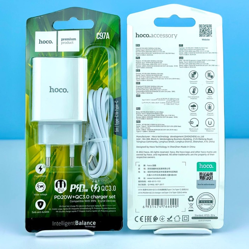 Зарядний пристрій Hoco C97A Type-C to Type-C PD20W+QC3.0 (Білий)-0