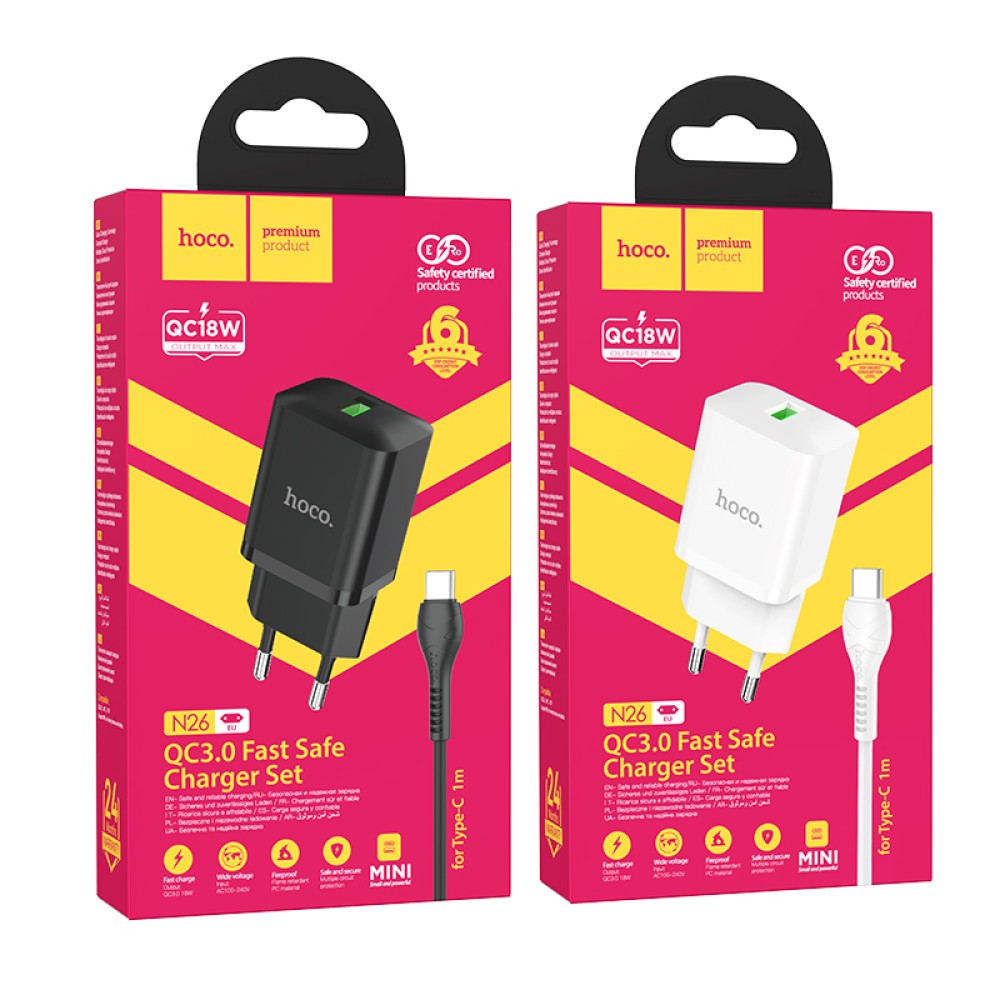 Мережевий ЗП Hoco N26 Maxim Type-C QC3.0 (Чорний)-0