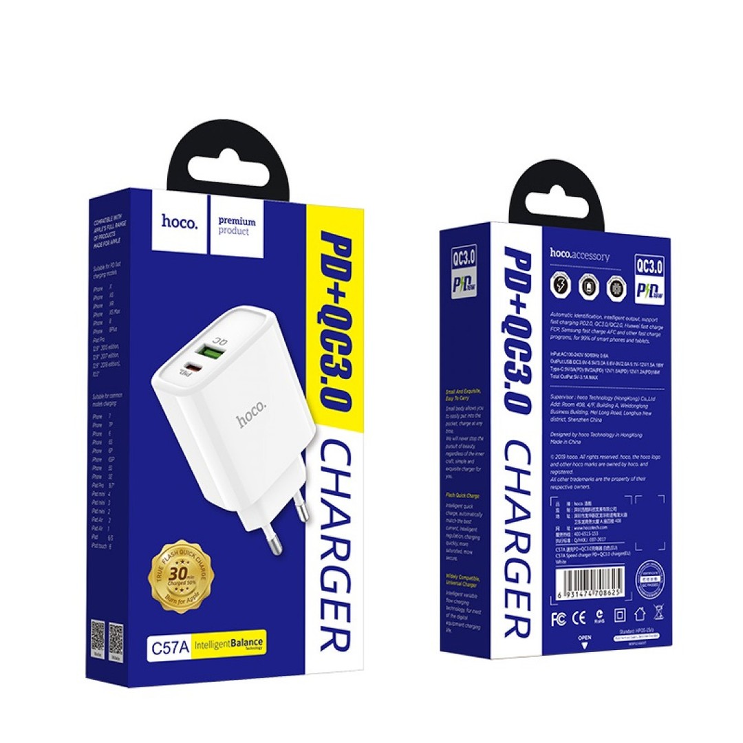 Мережевий адаптер Hoco C57A Speed PD+QC3.0 білий-0