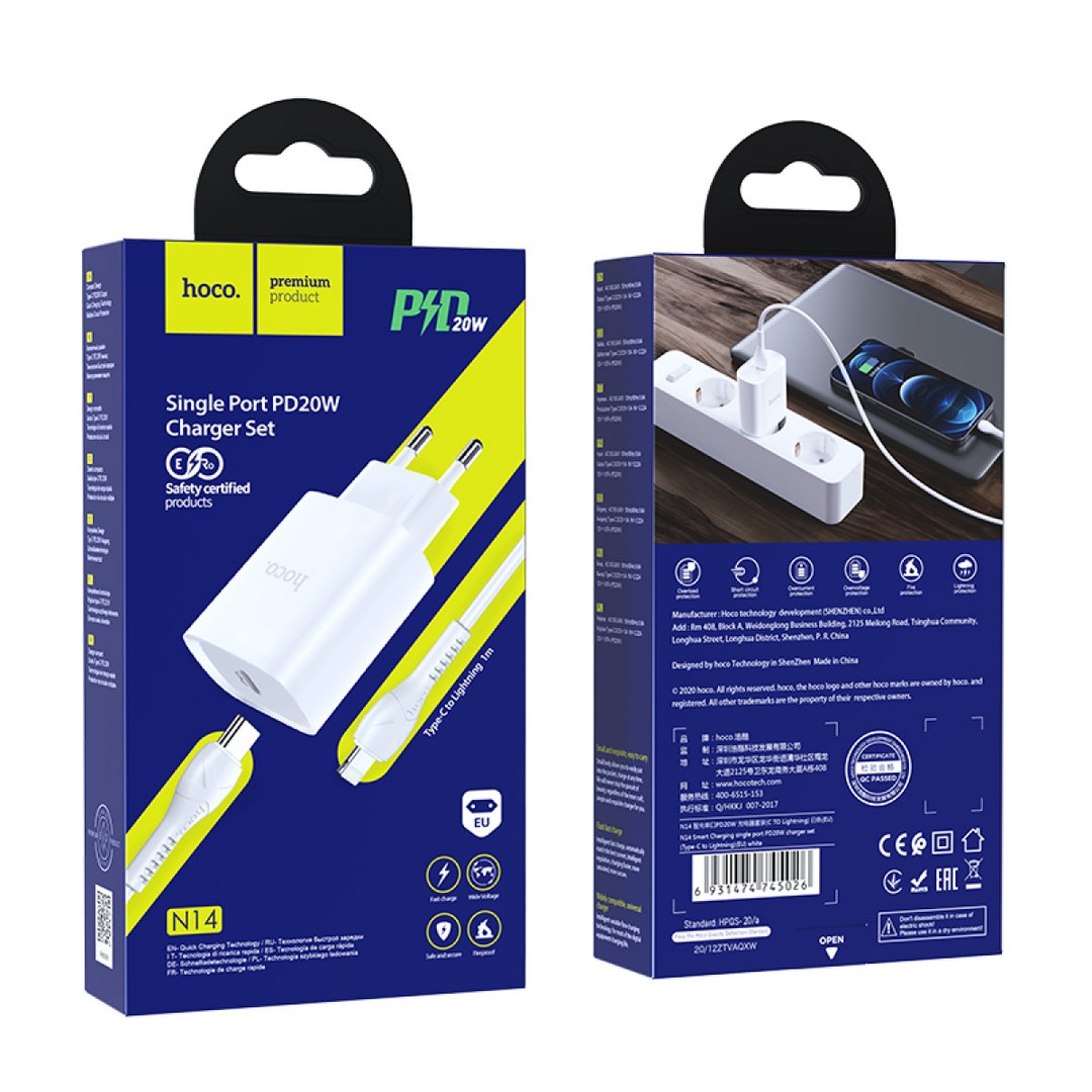 Зарядний пристрій Hoco N14 Smart PD20W+QC3.0 Type-C to Lightning білий-0