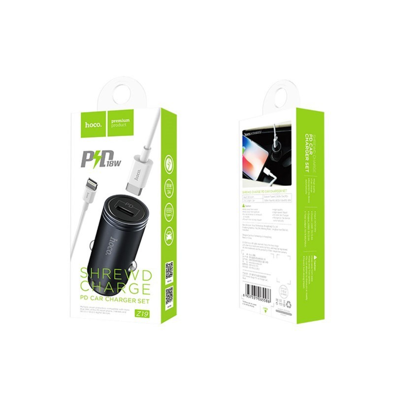 Автомобільний зарядний пристрій Hoco Z19 PD/QC3.0 (1USB) + Type-C-lightning чорний-0
