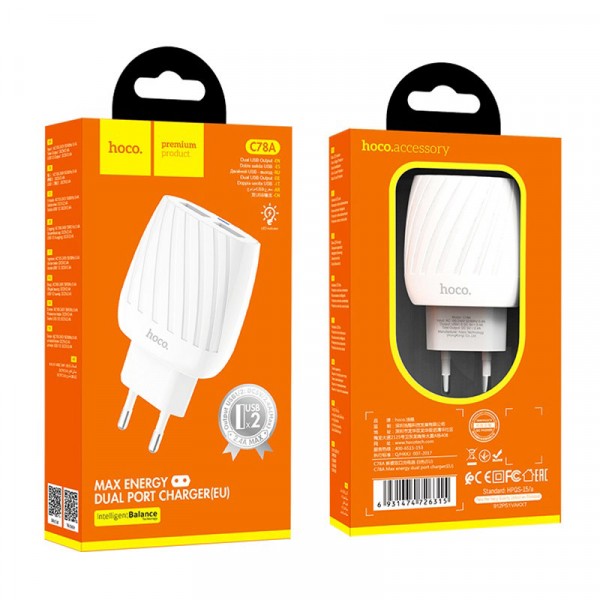 Мережевий адаптер  HOCO C78A Max energy 2USB/2,4A/LED/Lightning White-0