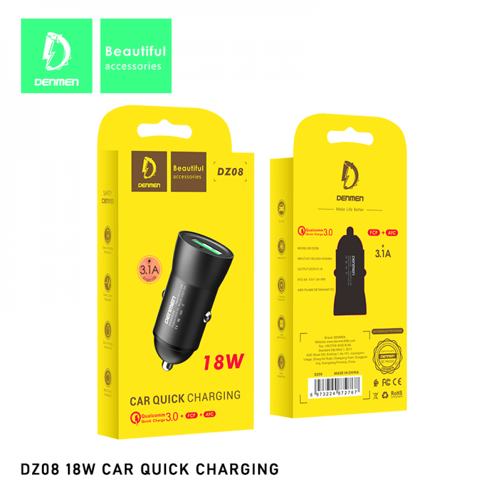 Авто адаптер Denmen DZ08 1USB 3.1A LED дисплей чорний-0