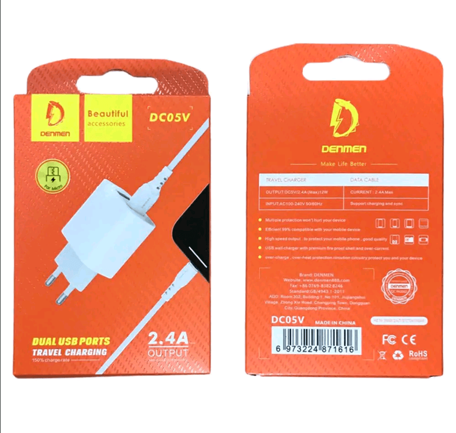 Мережевий адаптер DENMEN DC05V 2.4A + шнур USB-0
