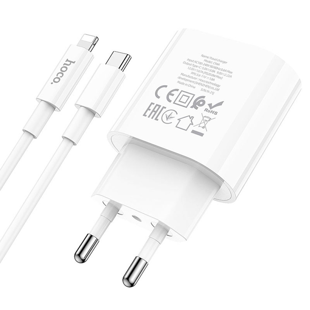 Мережевий ЗП Hoco C94A Metro Type-C to Lightning PD20W Швидка зарядка (Білий)-4