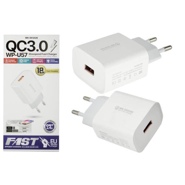 Адаптер мережевий REMAX  WP-U57 (1USB/ QC 3,0A/18W) (Білий)-0