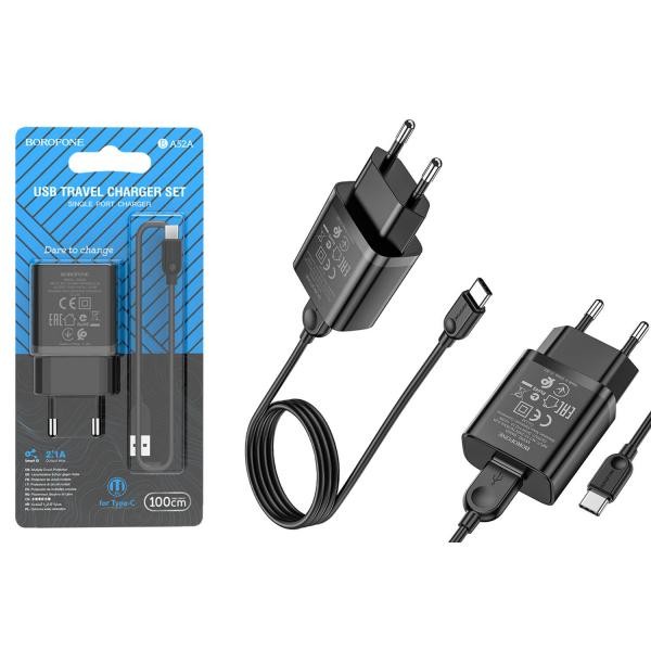 Зарядний пристрій BOROFONE 2в1 BA52A Type-C (1USB/2.1A) (Чорний)-0