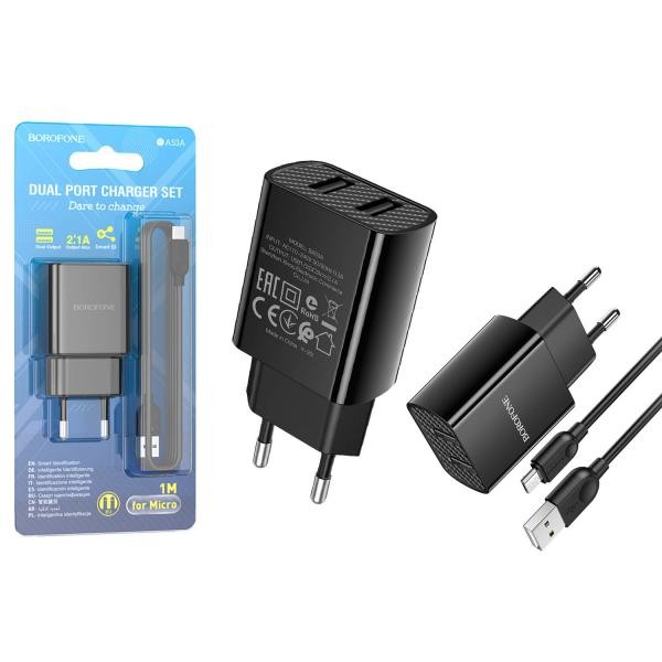 Зарядний пристрій BOROFONE 2в1 BA53A micro (2USB/2.1A) (Чорний)-0