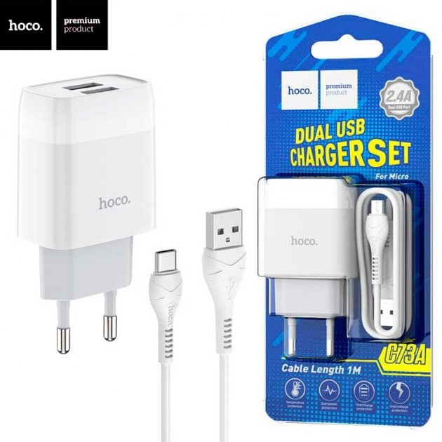 Зарядний пристрій Hoco C73A 2USB Type-C білий-0