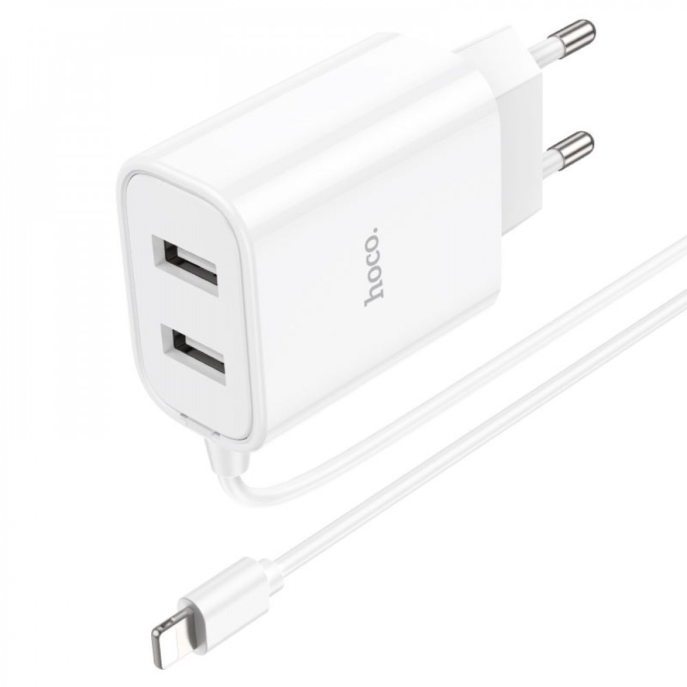 Hoco C103A Lightning Courser 2USB with built-in cable (EU) (Білий)-1