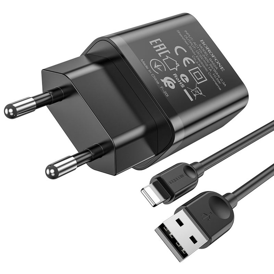 Зарядний пристрій Borofone BA52A Gamble Lightning 1USB 2.1A EU чорний-0
