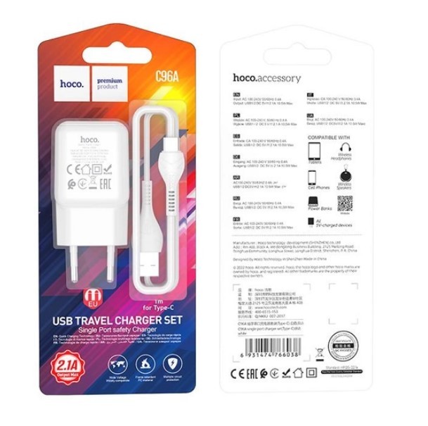 Зарядний пристрій HOCO C96A single port charger 1USB/2,1A + Type-C White-0
