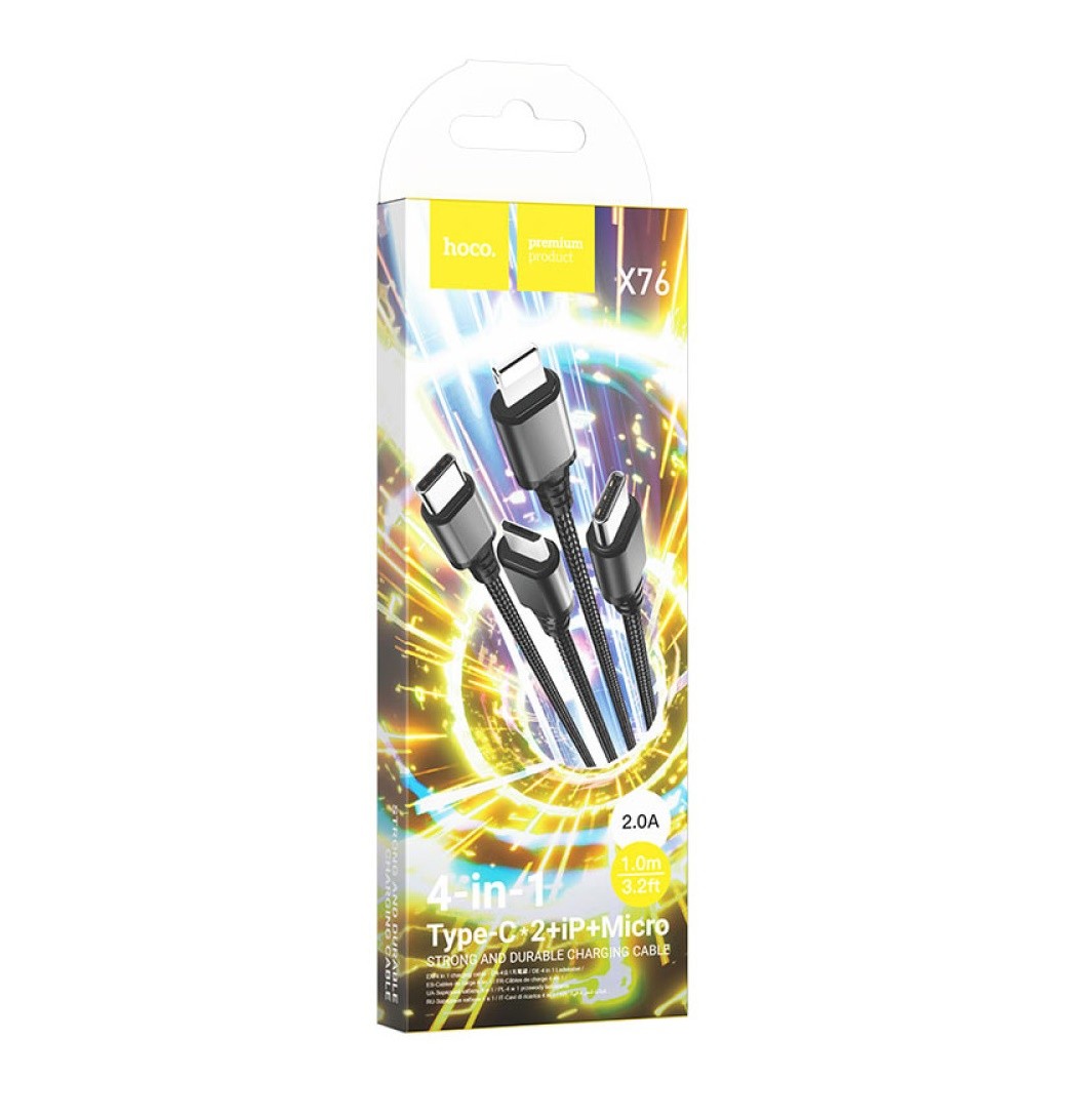 Зарядний шнур Hoco X76 4in1 Super Type-C+Type-C+Lightning+Micro (Чорний)-0