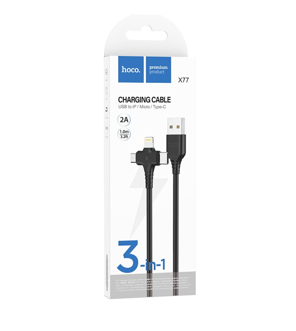 Зарядний шнур Hoco X77 Jewel 3-in-1 Micro+Type-C+Lightning (Чорний)-0