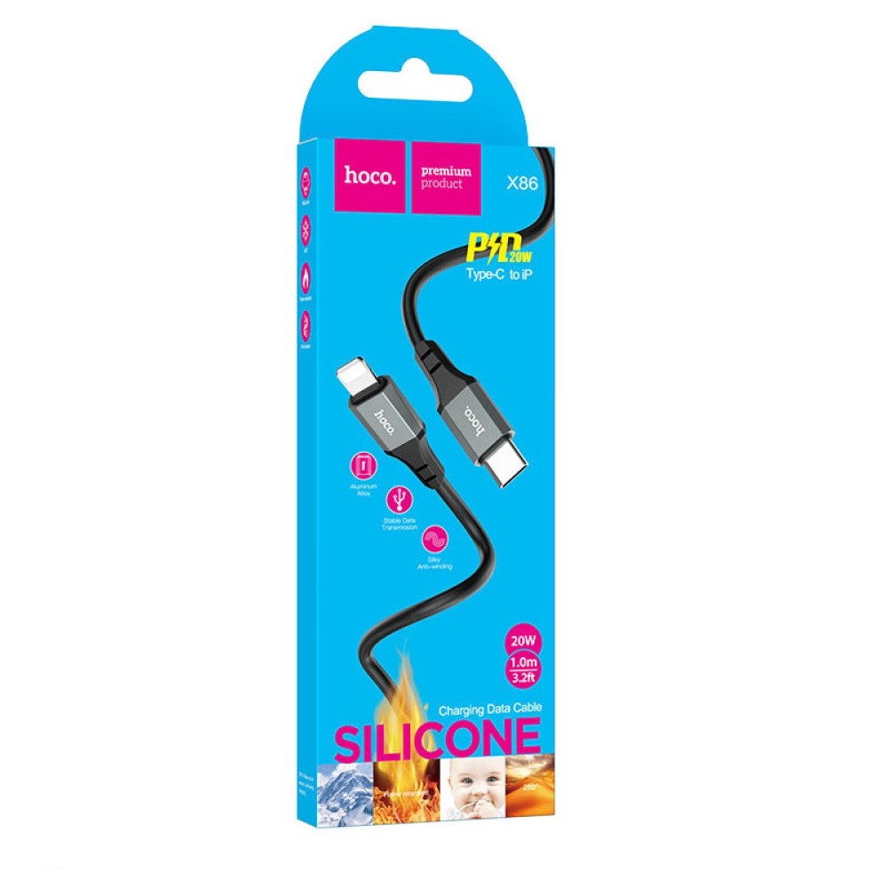 Зарядний шнур TYPE-C to Lightning Hoco X86 Spear silicone PD20W 1m  (Чорний)-0