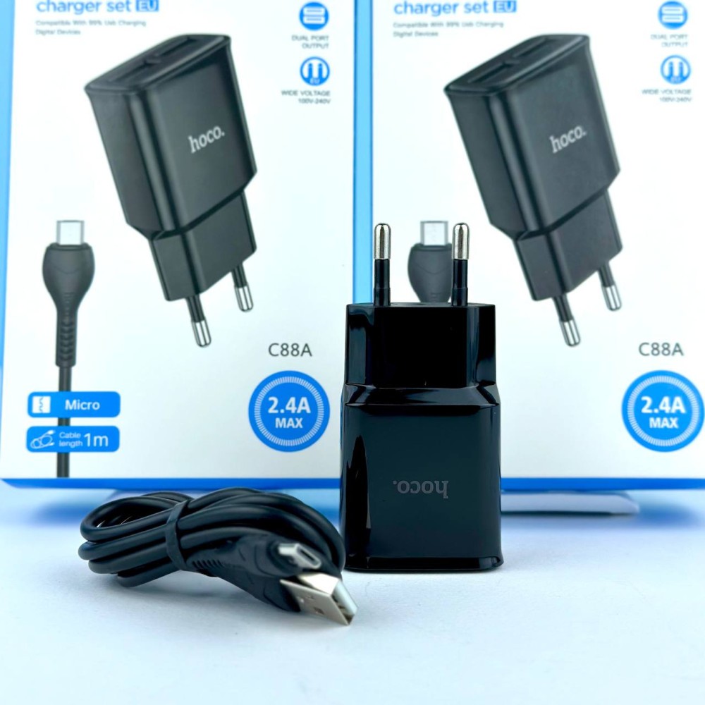 Зарядний пристрій Hoco C88A Star round 2USB 2.4A EU + Micro (Чорний)-1