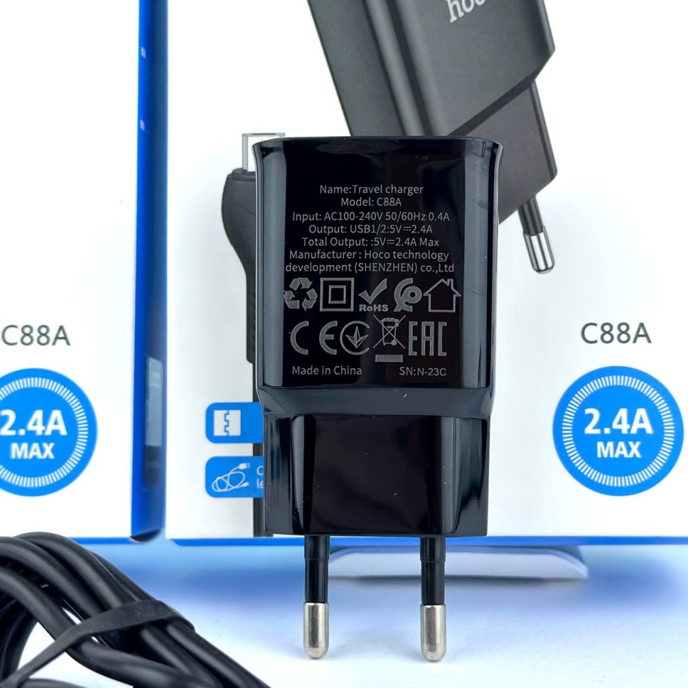 Зарядний пристрій Hoco C88A Star round 2USB 2.4A EU + Micro (Чорний)-2