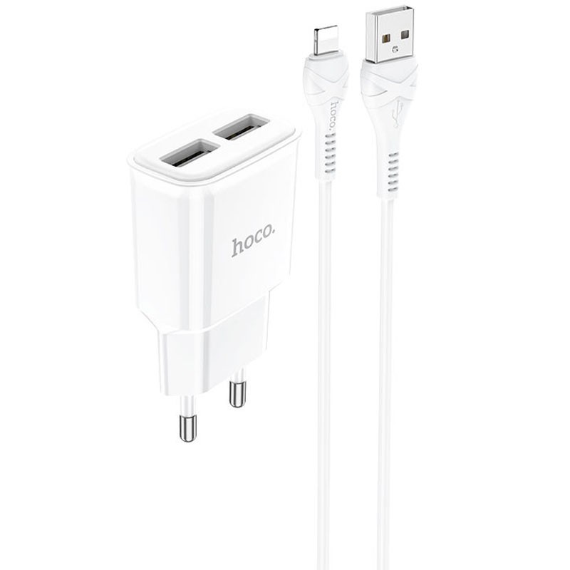 Зарядний пристрій Hoco C88A Star round 2USB 2.4A EU + lightning  (Білий)-1