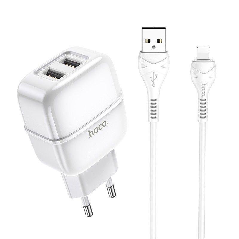 Зарядний пристрій Hoco C77A  2USB 2.4A EU + lightning  (Білий)-1