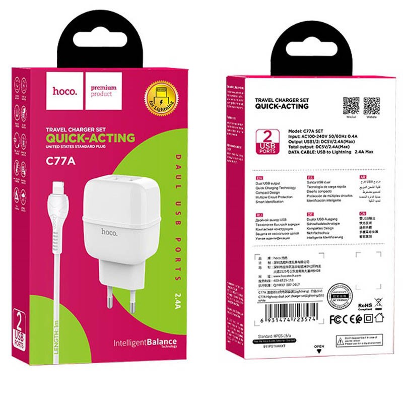 Зарядний пристрій Hoco C77A  2USB 2.4A EU + lightning  (Білий)-0