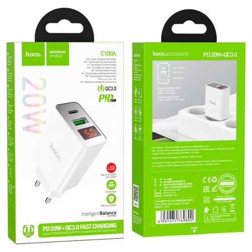 Мережевий зарядний пристрій HOCO C100A PD20W+QC3.0 Charger with LCD 1PD/1USB/20W/PD/QC3.0/3A Білий-0