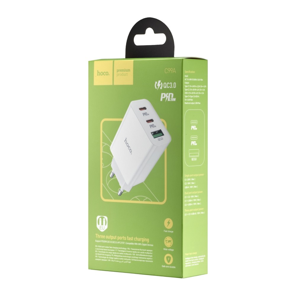 Адаптер Hoco C99A PD20W + QC3.0 three-port ( 2C1A ) charger ( EU ) White-2