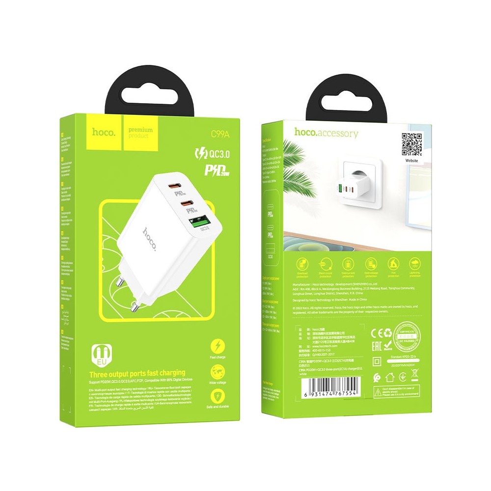 Адаптер Hoco C99A PD20W + QC3.0 three-port ( 2C1A ) charger ( EU ) White-0