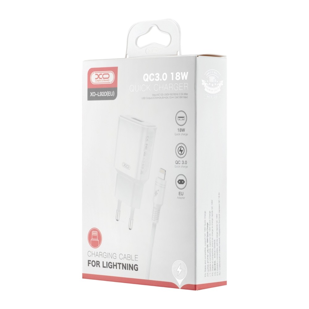 МЗП XO L92D Lightning QC3.0 18W Швидка зарядка EU (Білий)-0