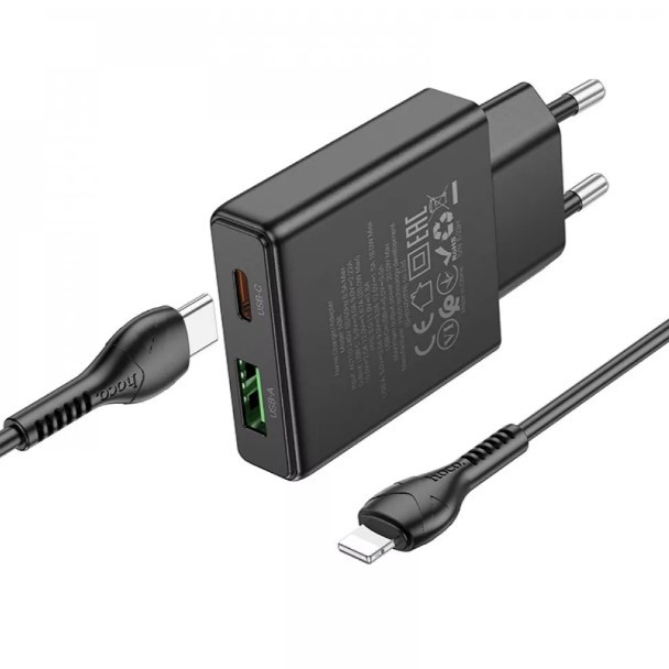 Мережевий адаптер HOCO N38 Type-C to Lightning PD20W (USB+Type-C) чорний-1
