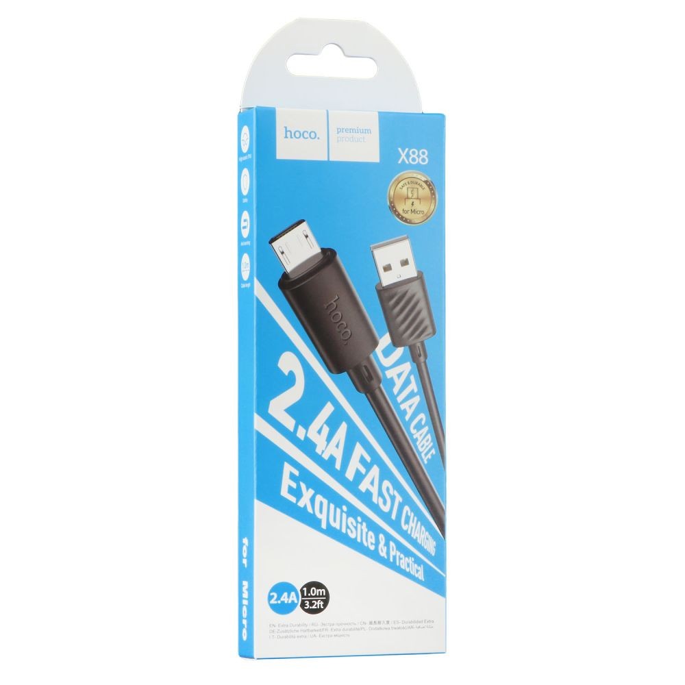 Зарядний шнур Hoco X88 Gratified charging data cable для Micro 2,4A 2m Black-0