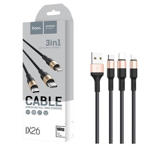 Кабель HOCO X26 USB to iP+Type-C+Micro 2A 1m Black+Gold-0