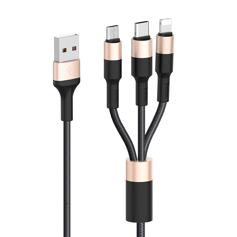 Кабель HOCO X26 USB to iP+Type-C+Micro 2A 1m Black+Gold-1