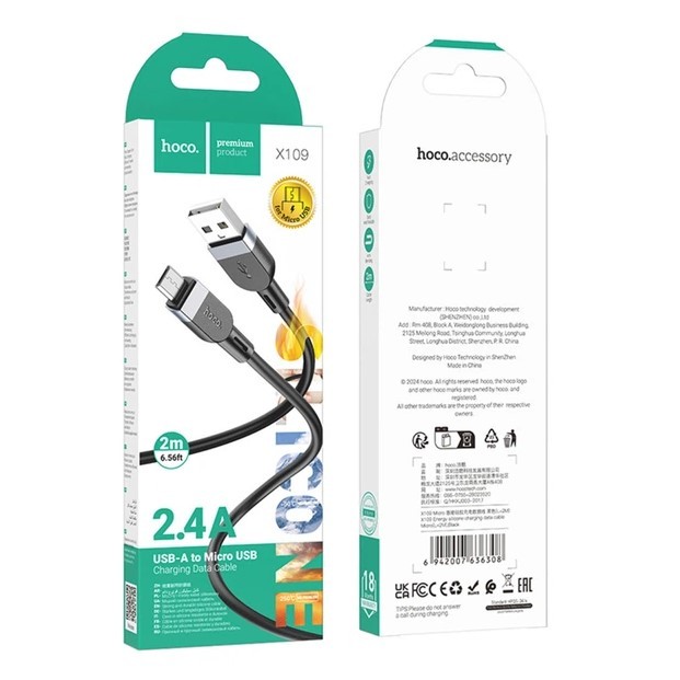 Кабель Hoco X109 Silicone для Micro 2.4A 2m (Чорний)-0