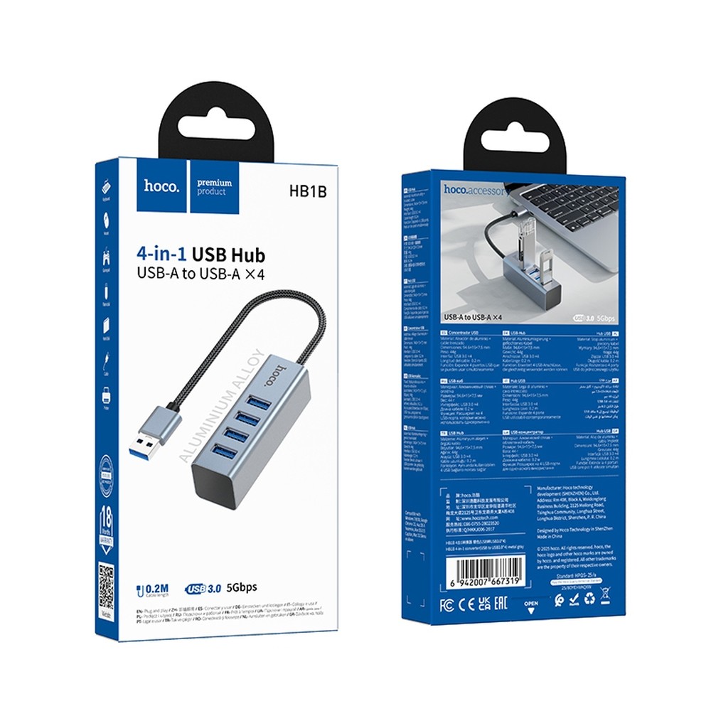 USB-хаб Hoco HB1B 4-in-1 converter(USB to USB3.0*4) Gray-0