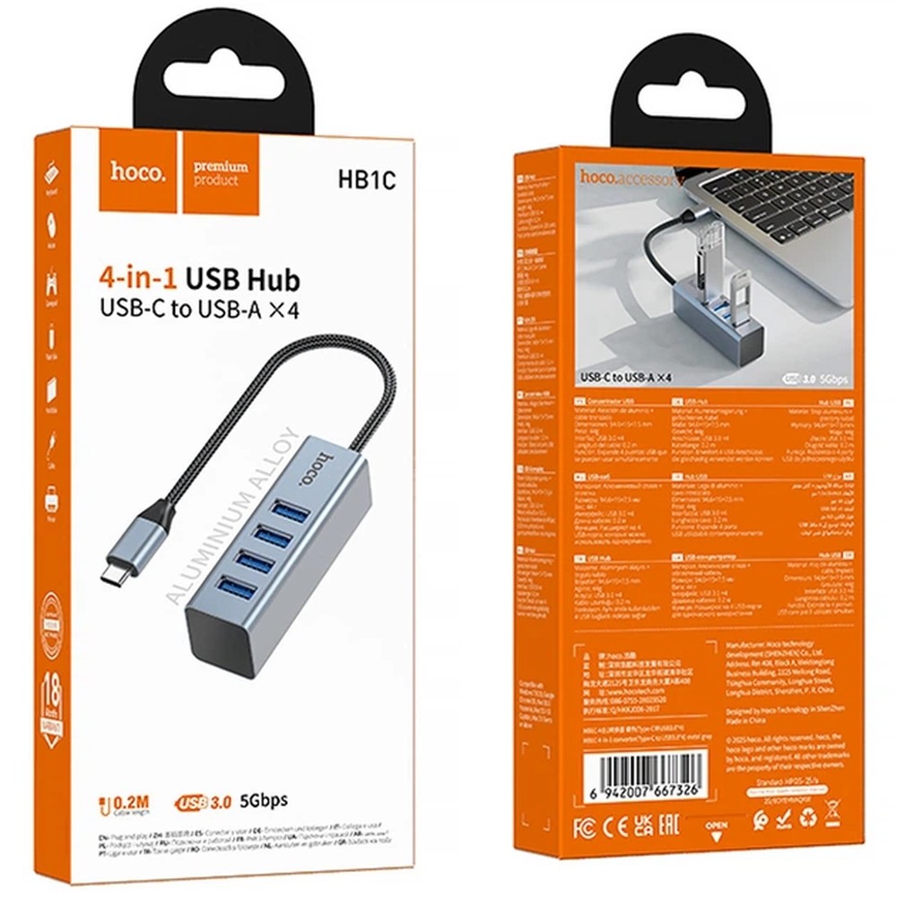 USB-хаб Hoco HB1C 4-in-1 converter(Type-C to USB3.0*4) Gray-0