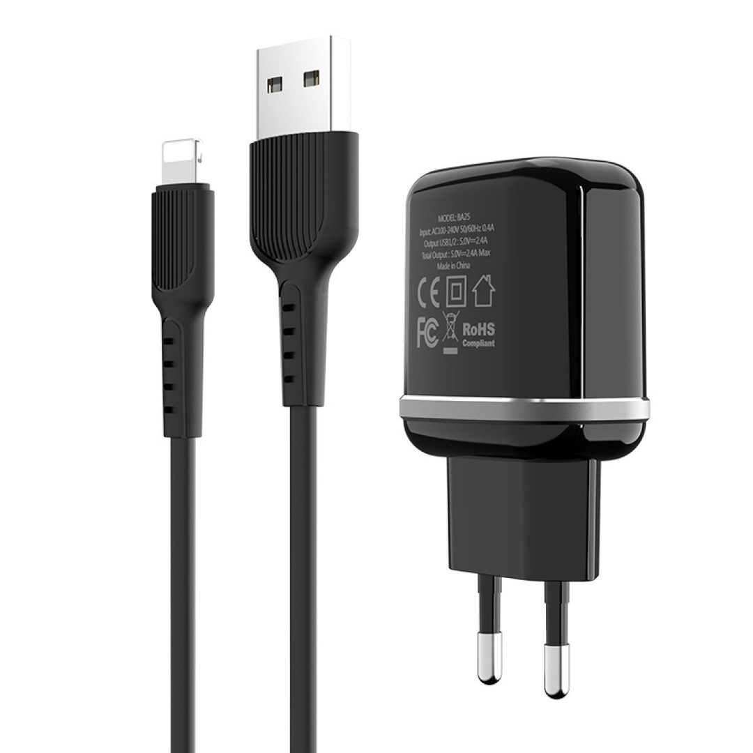 Зарядний пристрій Borofone BA25A Outstanding Lightning 2USB 2.4A чорний-0