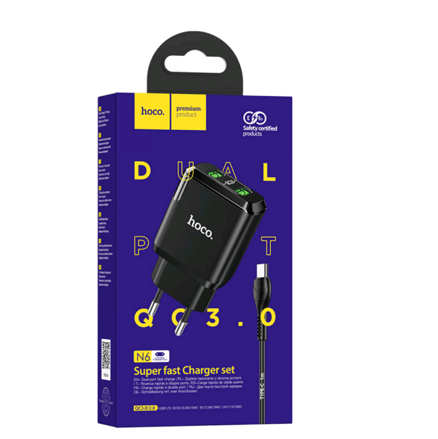 Зарядний пристрій Hoco N6 Charmer 2USB 3A QC3.0 Type-C 18W-0