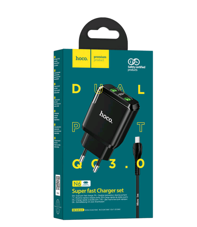 Зарядний пристрій Hoco N6 Charmer 2USB 3A QC3.0 Micro 18W-0