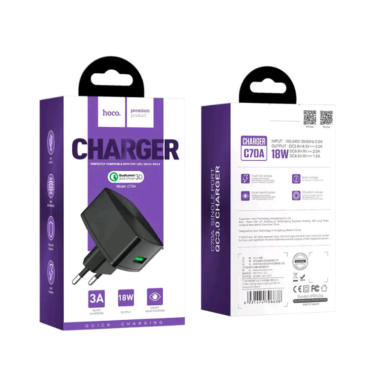 Зарядний пристрій Hoco C70A Type-C QC3.0 1USB чорний-0