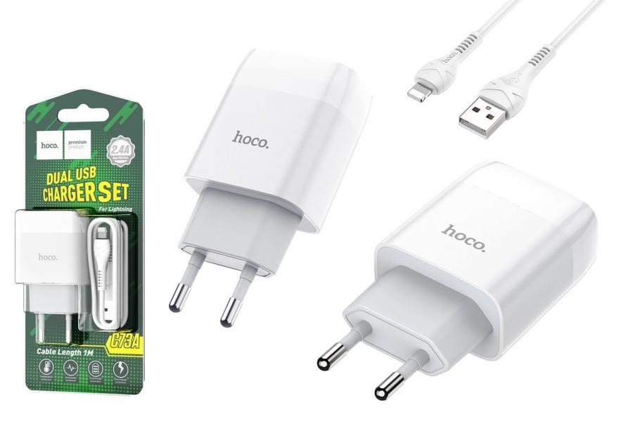 Зарядний пристрій HOCO 2в1 C73A lightning (2 USB/2,4A) білий-0