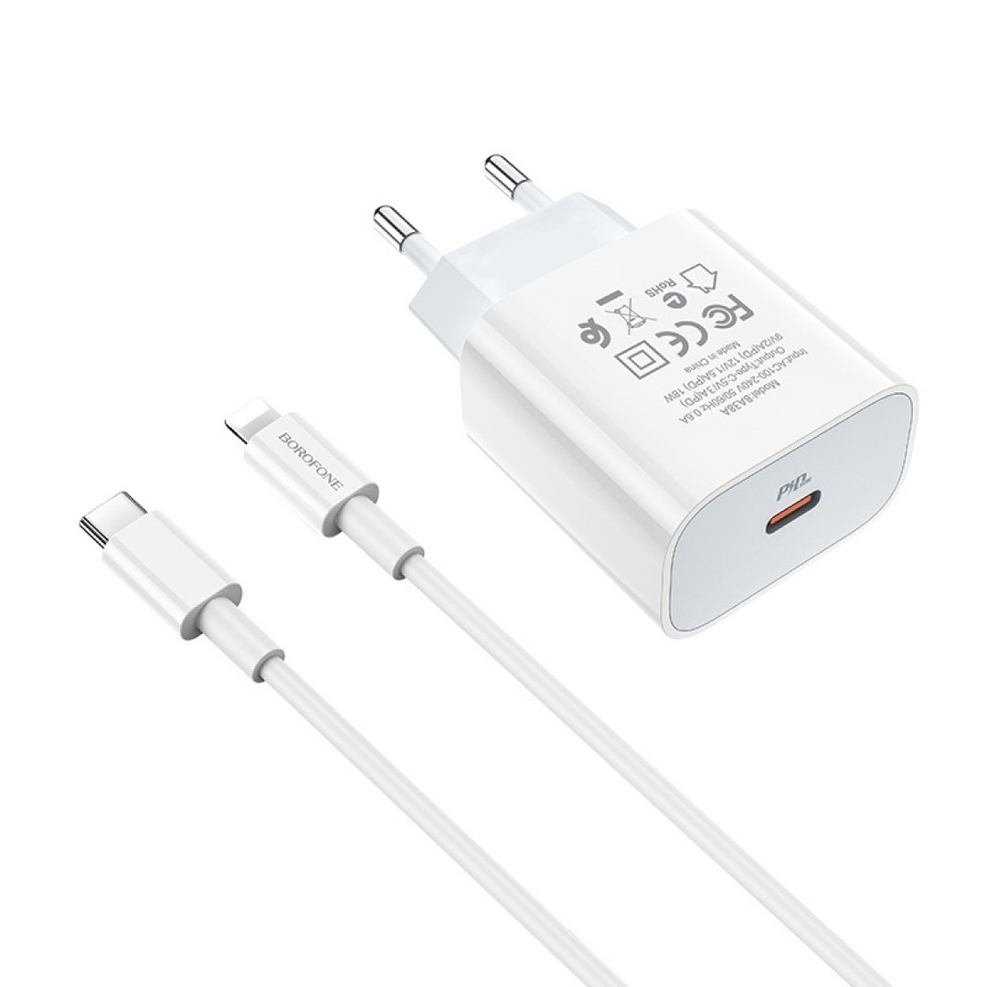 СЗУ Borofone BA38A Speedy Type-C to Lightning 1USB PD20W швидка зарядка, білий-1