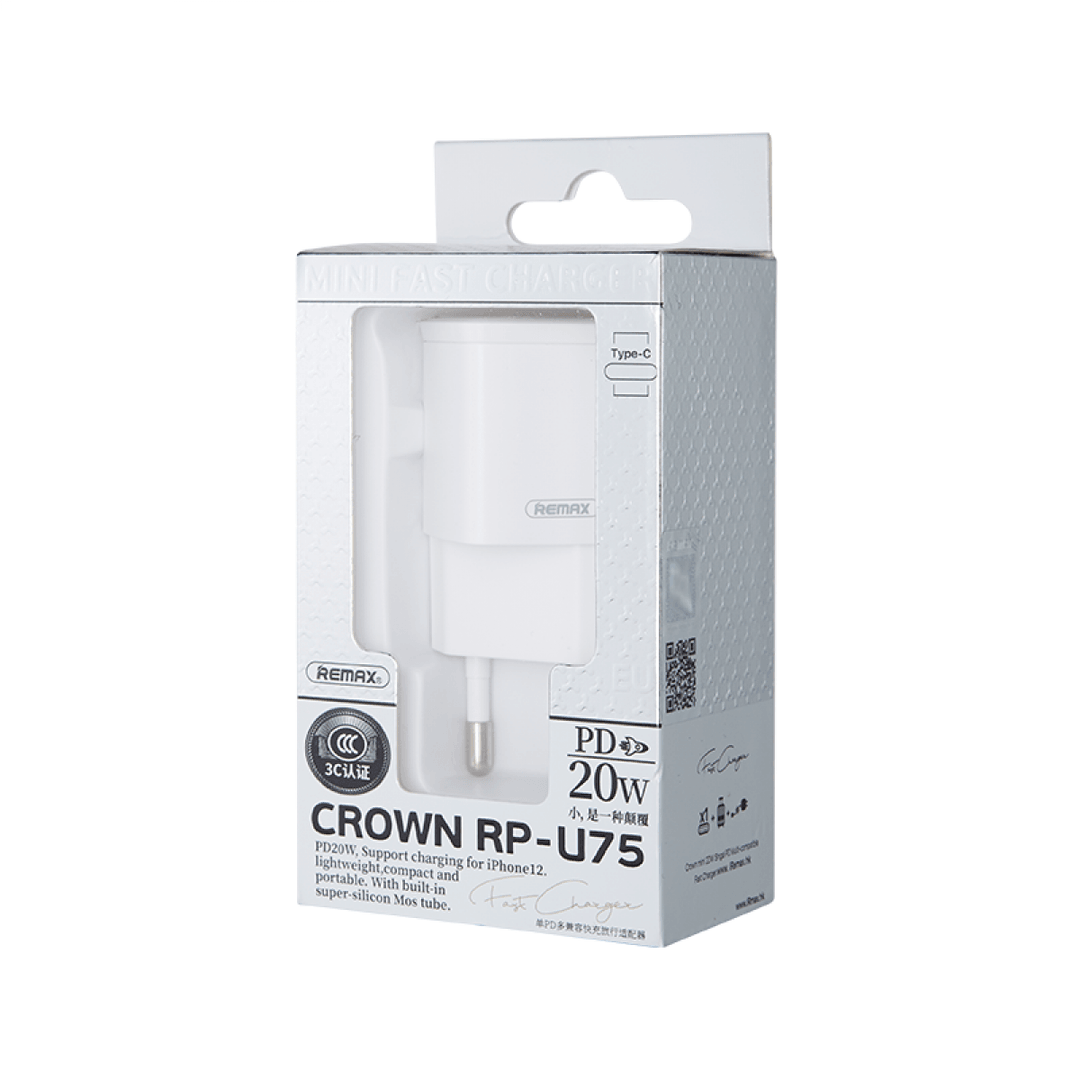 Адаптер мережевий Remax RP-U75 Crown Mini 20W швидка зарядка, білий-0