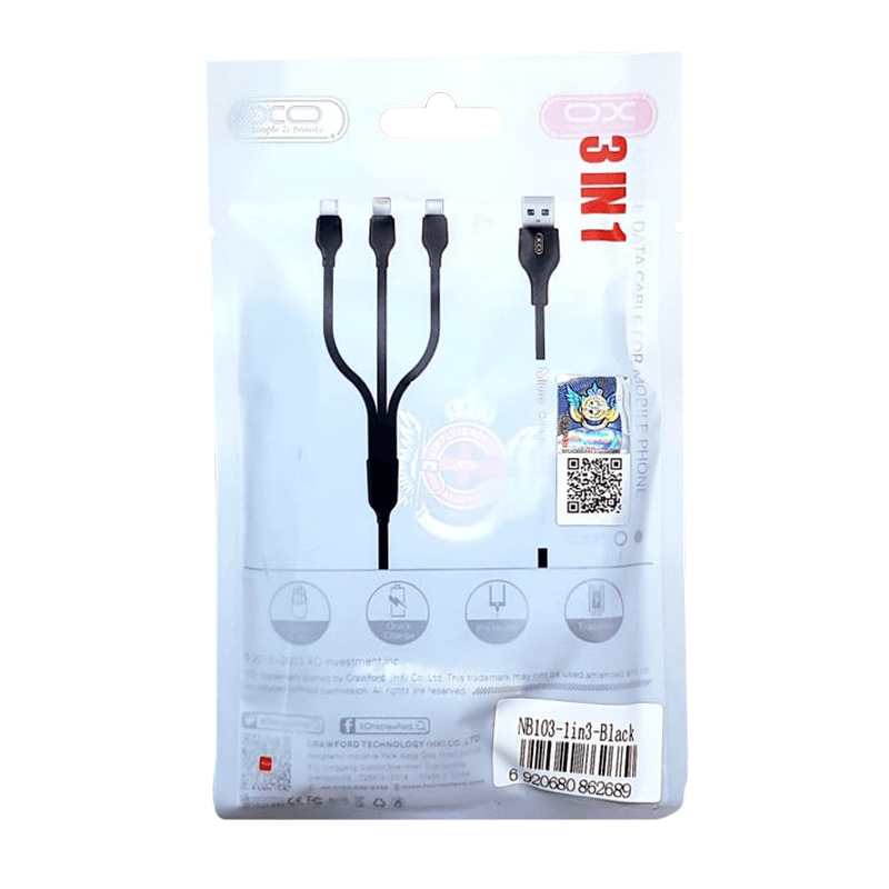 Кабель XO 3in1 micro/type-C/lightning NB103 2.1A/1m Black-0