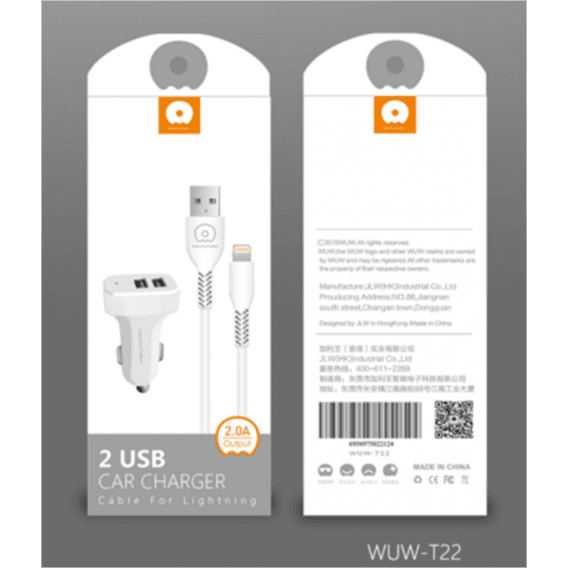 Автомобільний зарядний пристрій WUW T22 2USB 2A with Lightning cable білий-0