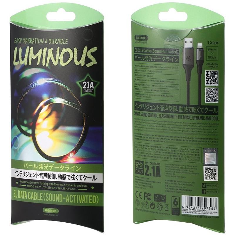 USB Cable Remax (OR) EL Data RC-133i (Sound-Activated) Lightning Grey 1m-2