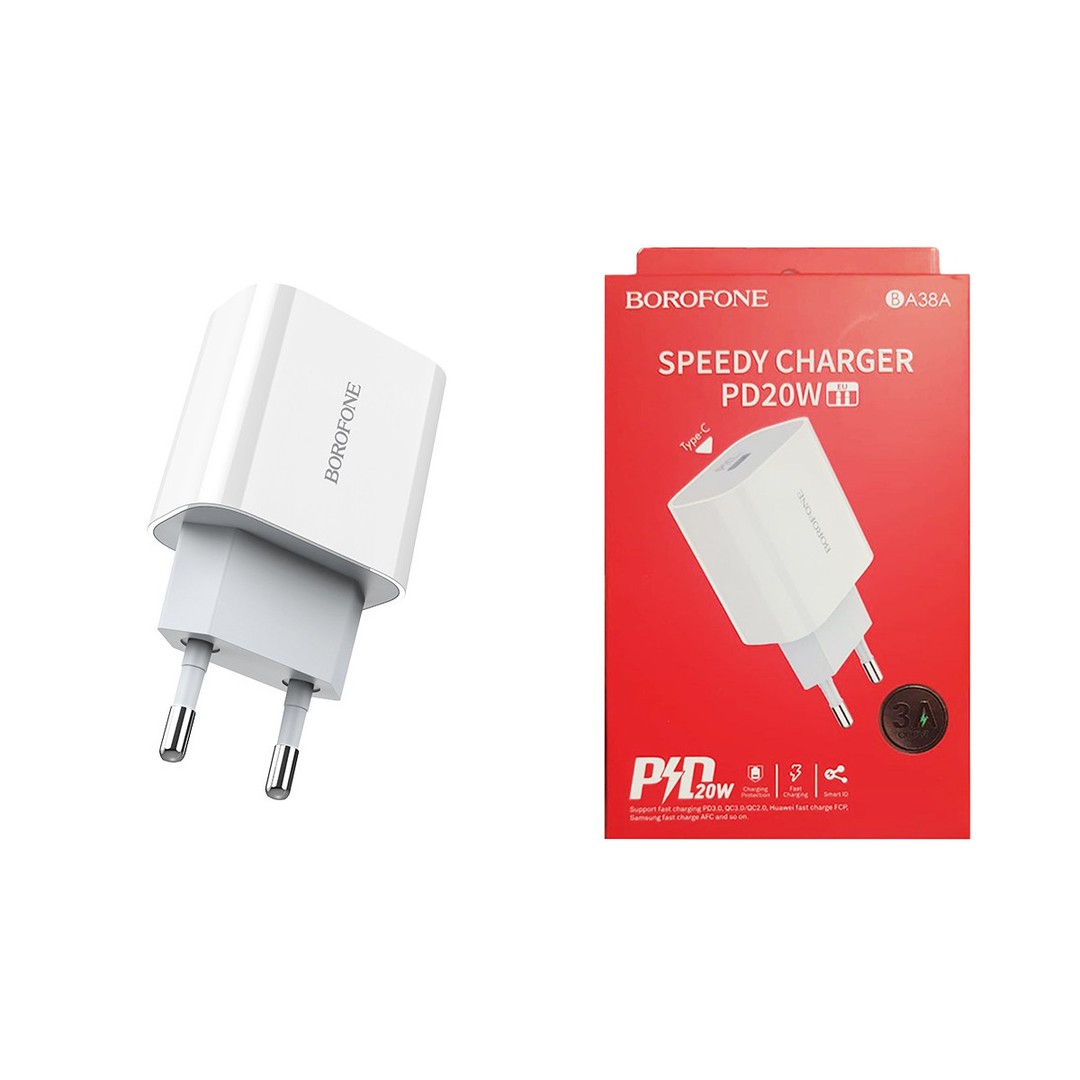 Мережевий адаптер Borofone BA38A Plus Speedy 1USB PD20W білий-0